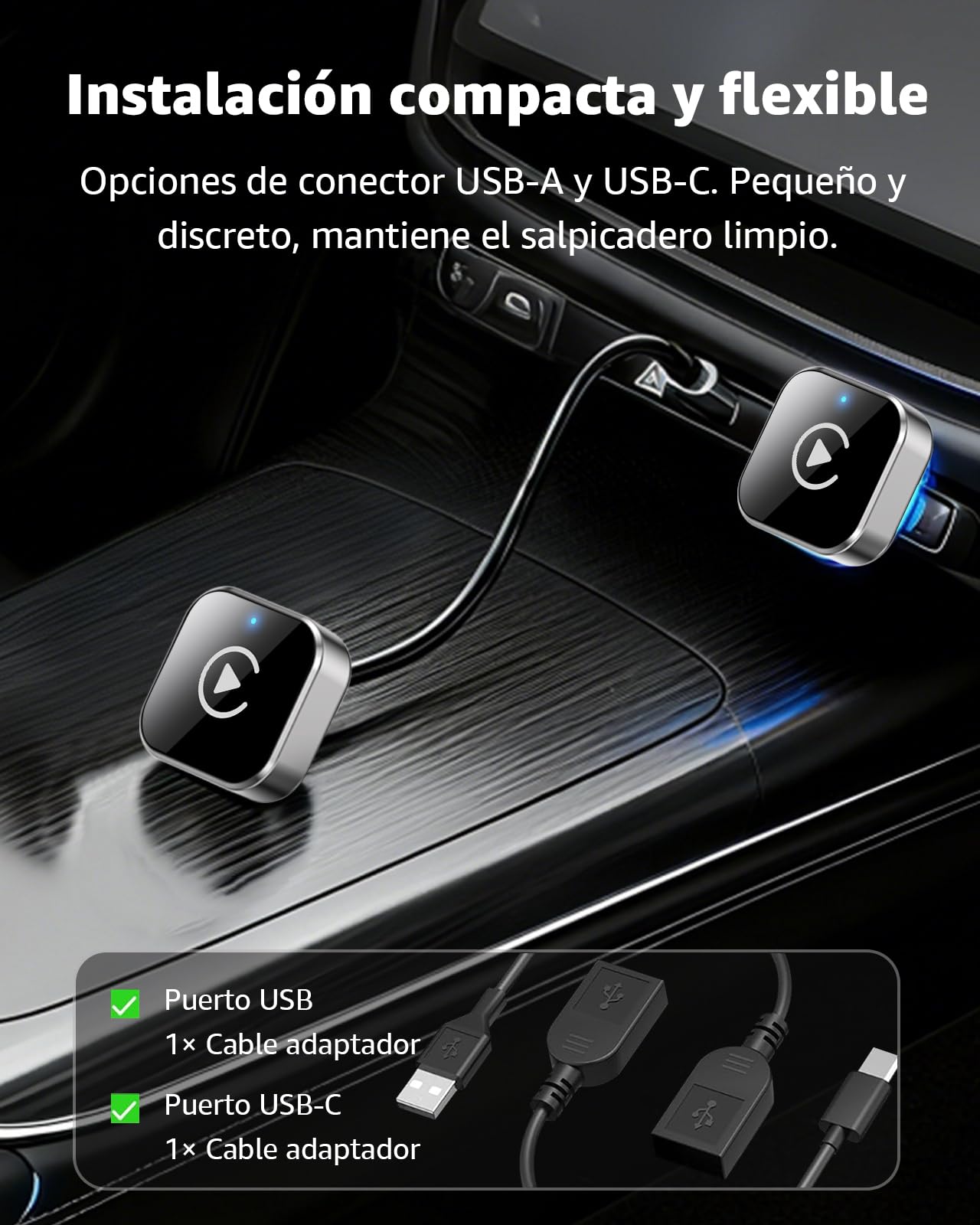 Adaptador CarPlay Inalámbrico para Coche, Mini Convertidor 2-in-1 de CarPlay y Android Auto Inalámbrico, de Cable a Inalámbrico, Plug & Play USB/USB-C, WiFi de Doble Banda, Conexión Automática Rápida
