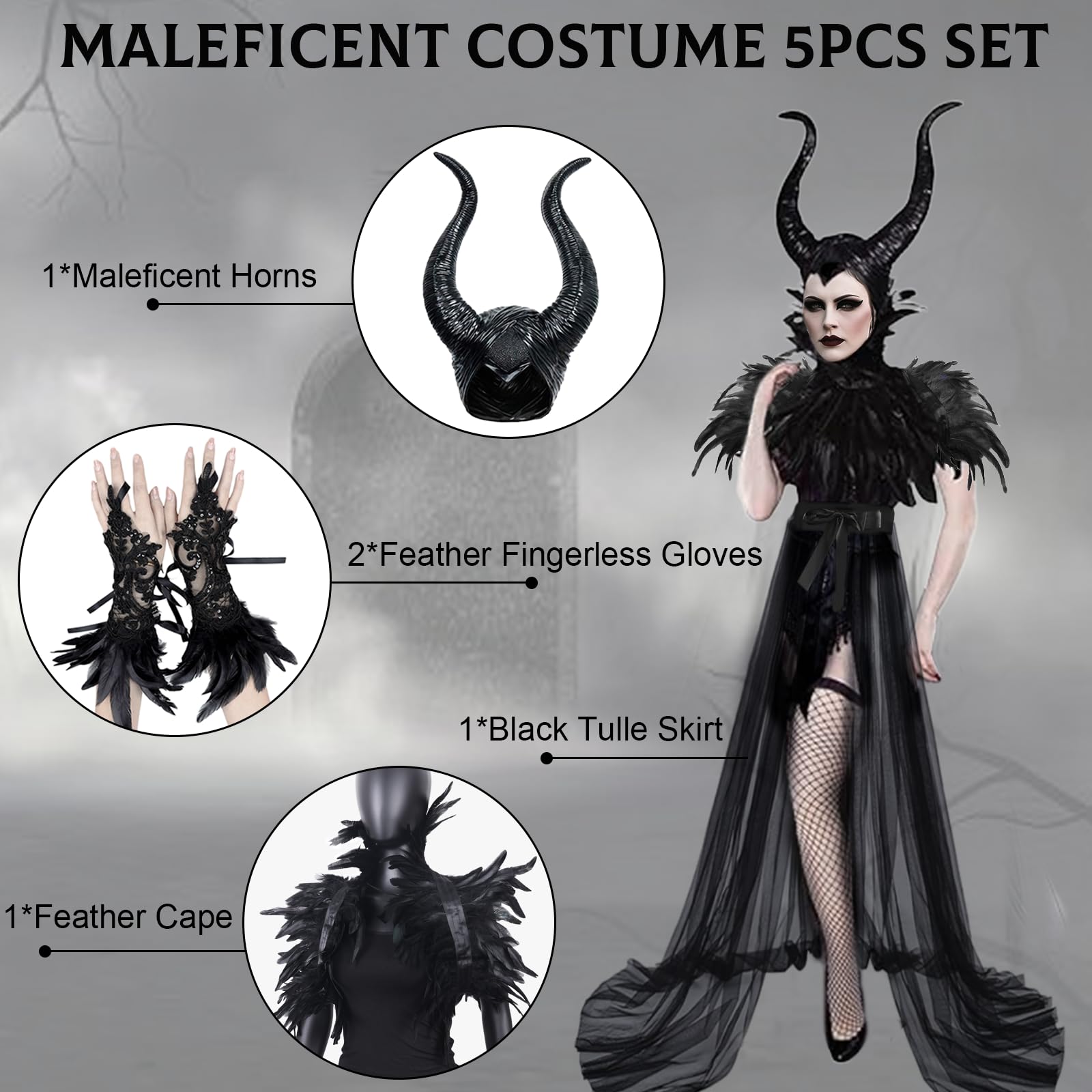 Maleficent kostium damski: kostium diabła, zestaw Maleficent rogi z peleryną z piór, koronkowe rękawiczki i długa spódnica tiulowa na Halloween, karnawał, imprezę Cosplay