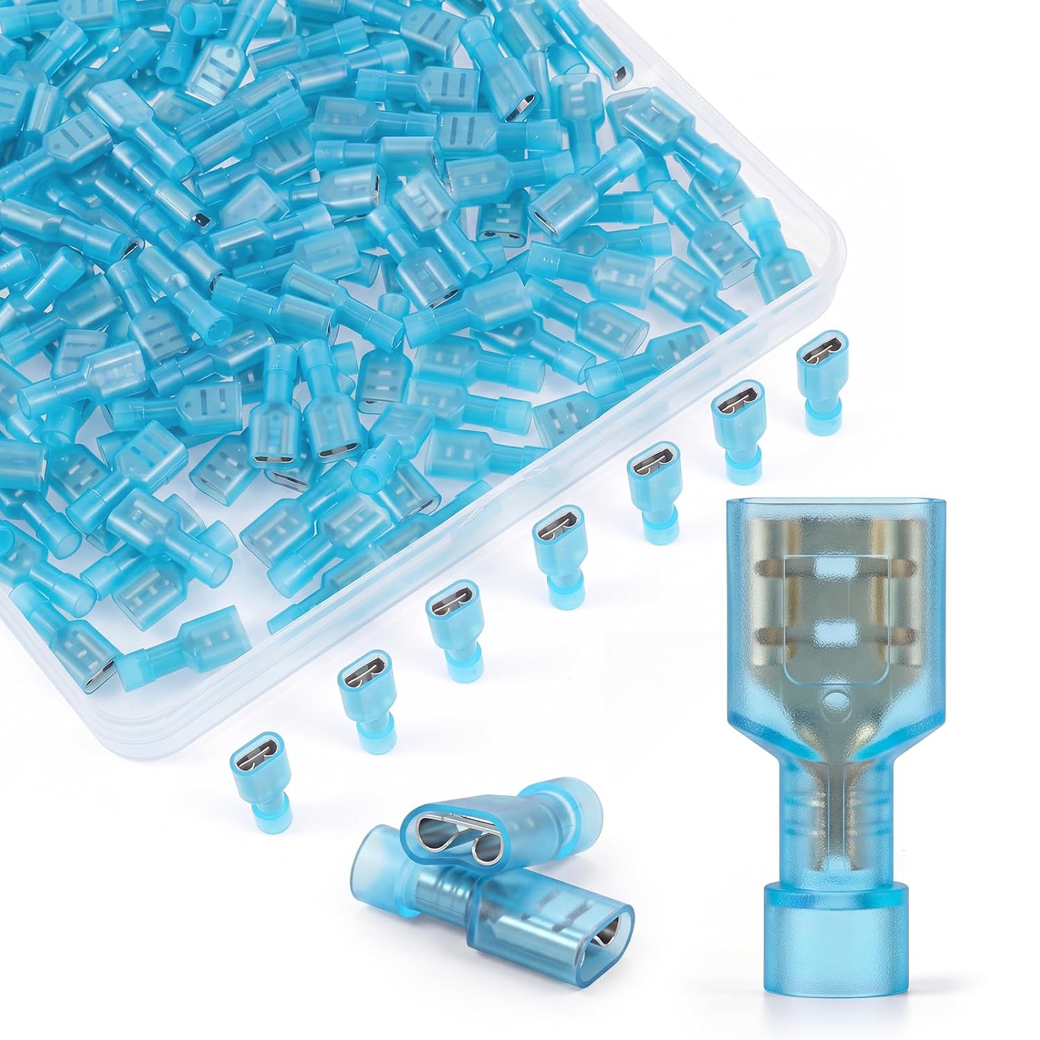 Tellegloww 200 Pcs Nylon Female Spade Connectors, Blue Spade Quick Disconnect Connectors, 16-14 Awg Electrical Crimps Insulated Terminals Male Female Fully Insulated Crimp Self-Stripping Kit
