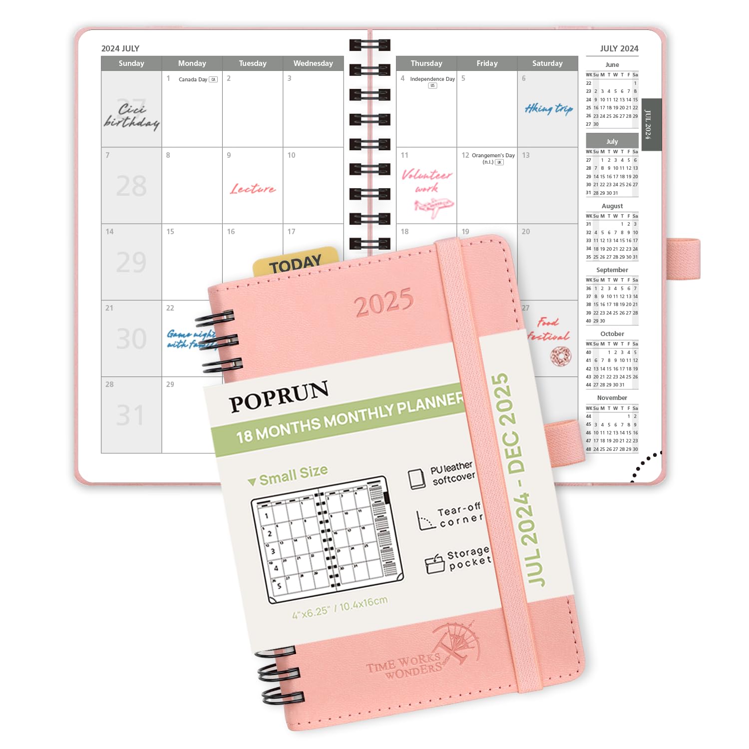 POPRUN Agenda de 18 meses (24 de julio a 25 de diciembre) 2024-2025, A6 (16 x 10,5 cm), vista mensual en espiral, tapa blanda 24/25 (rosa)