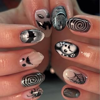 24 Stück Halloween Press On, Schwarz mit klassischen Grusel-Motiven | Gruseliges schwarzes Halloween Press-on Nagel-Set, 24 Stück inklusive Zubehör für einfache Heim-Maniküre.