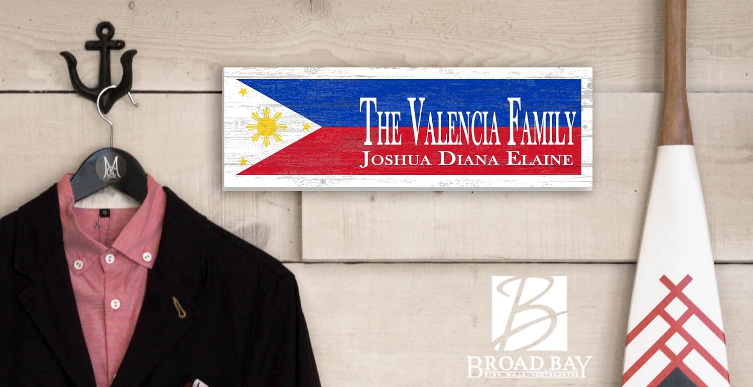 Custom Philippines Flag Sign Personalized Name - Solid Wood - 16.in x 5.5in - For Filipino Family Home, Man Cave, or Wedding Gift