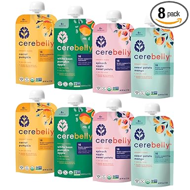 Cerebelly Organic Baby Food Pouches Variety Pack, Veggie & Fruit Purees, 16 Nutrients, No Added Sugar, Fiber & Non-GMO, 4oz, 8 Pack