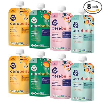 Cerebelly Organic Baby Food Pouches Variety Pack, Veggie & Fruit Purees, 16 Nutrients, No Added Sugar, Fiber & Non-GMO, 4oz, 8 Pack