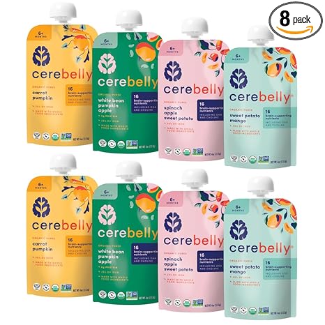 Cerebelly Organic Baby Food Pouches Variety Pack, Veggie & Fruit Purees, 16 Nutrients, No Added Sugar, Fiber & Non-GMO, 4oz, 8 Pack