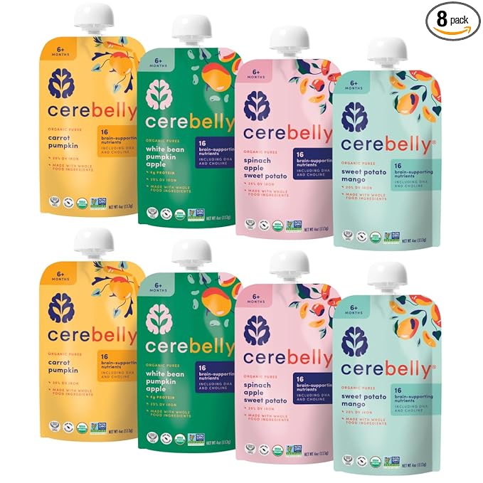 Cerebelly Organic Baby Food Pouches Variety Pack, Veggie & Fruit Purees, 16 Nutrients, No Added Sugar, Fiber & Non-GMO, 4oz, 8 Pack