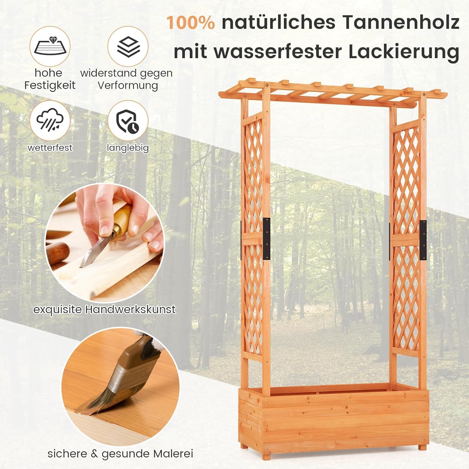 FANTASK Podwyższona grządka z kratką dla roślin pnących i wiszącym dachem, skrzynka na rośliny pnące i wiszące kosze, pomarańczowa