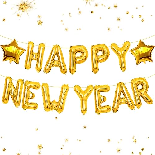 Gold Happy New Year Banner Balloons, 16inch New Years Eve Party Supplies 2024, Gold Balloons, Happy New Year Decorations 2024, NYE decorations 2024, Indoor Outdoor New Year Party