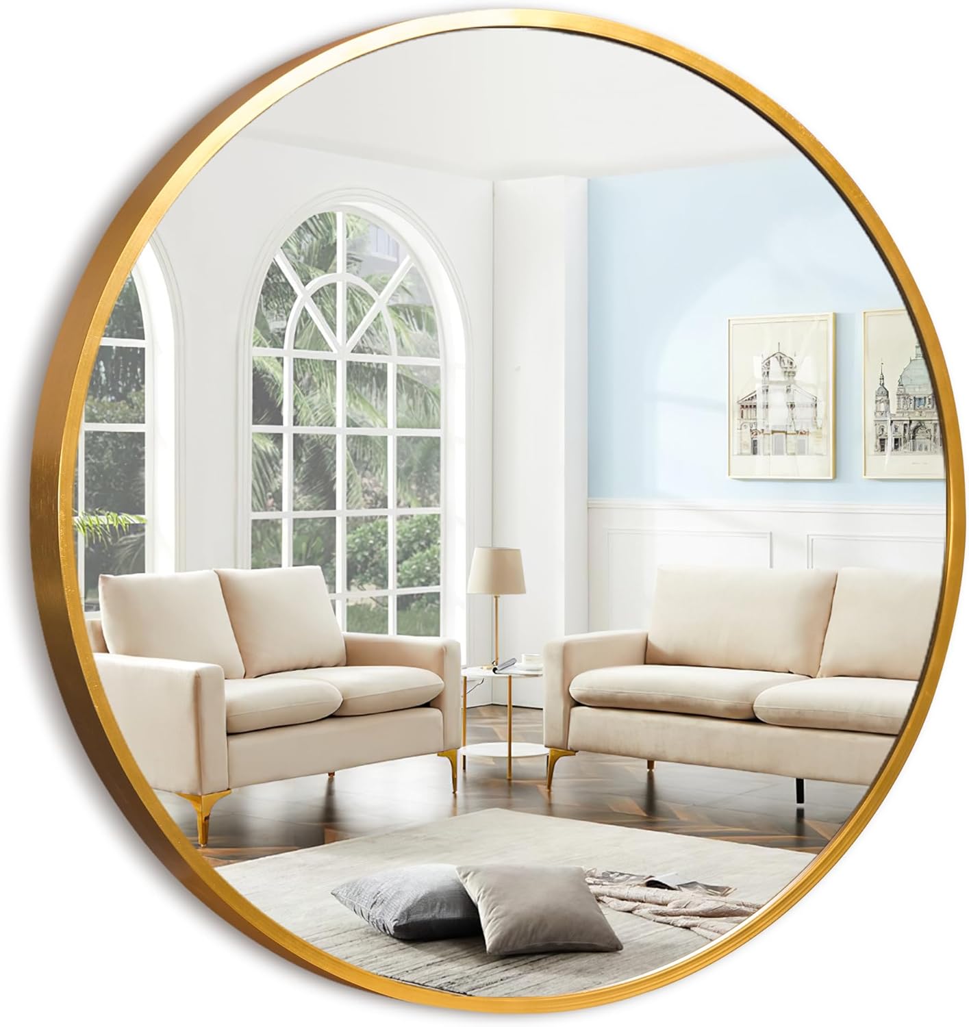 39" Round Mirror Golden Circle Mirror for Wall Mirror Large Bathroom Mirror for Wall Wall-Mounted Vanity Mirrors with Aluminum Alloy Frame Hanging Decorative Mirrors for Bathroom