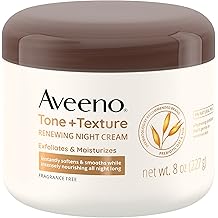 Aveeno Tone + 质地焕新身体晚霜,搭配益生元燕麦,温和去角质和滋润敏感肌肤,瞬间柔软、光滑和强烈滋养,无香味,8盎司