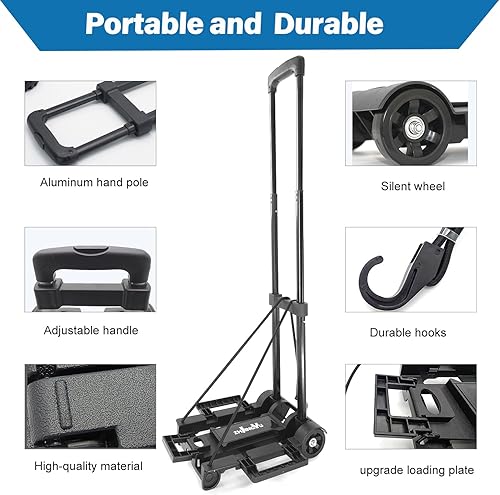 Miniatura 36 de Carro ligero plegable de mano, pequeño carrito utilitario con 4 ruedas y 2 cuerdas elásticas, mochila portátil, carrito de equipaje, carrito