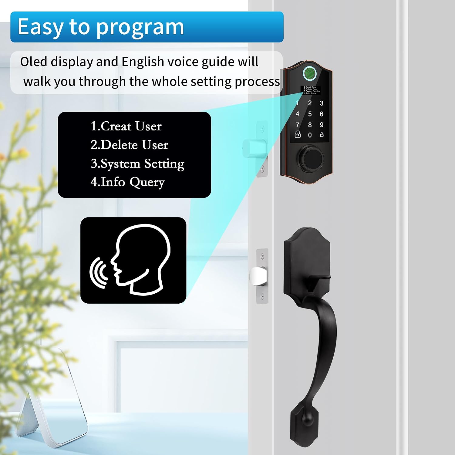 OLED display showing programming menu options: Create User, Delete User, System Setting, Info Query