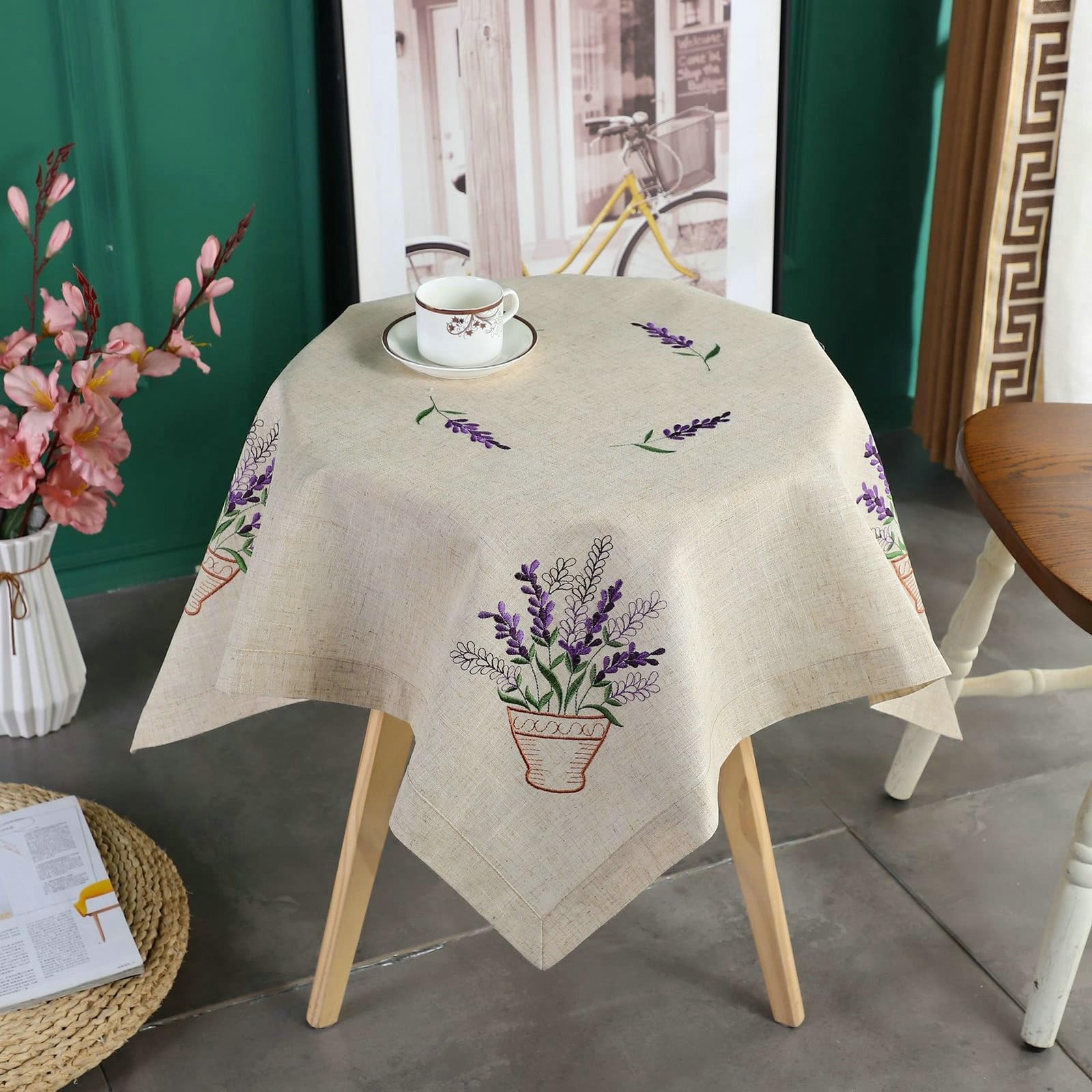 Nappe carrée avec lavande, en polyester, beige, 33 x 33 cm