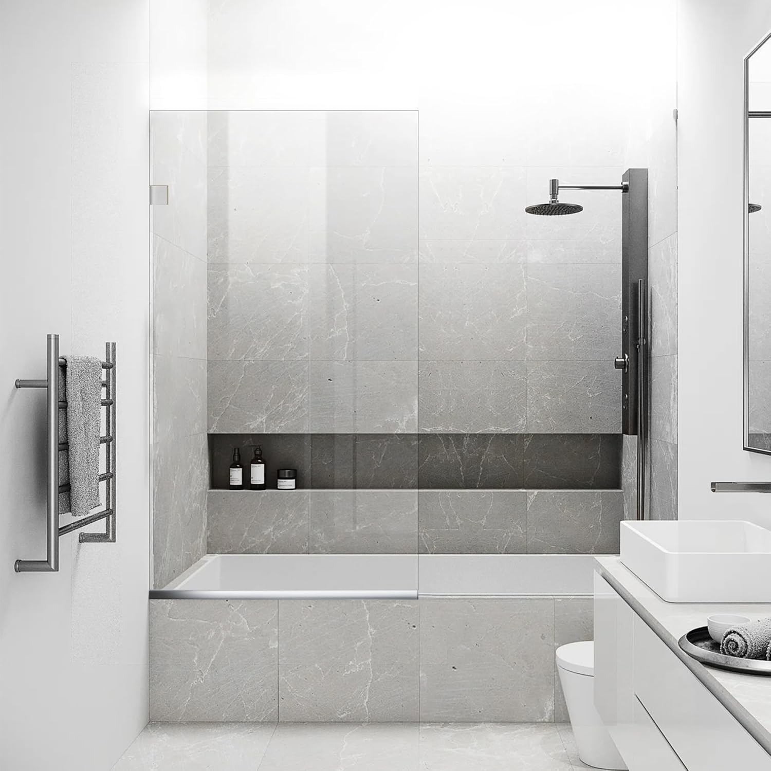 Bathroom Shower Glass Door 36 * 62" - 5/16"(8mm) Thick Clear Tempered Glass Panel, Fixed Hinged Framless Shower Glass Door with Bottom Seal, Chrome