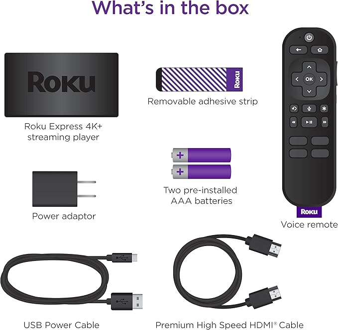 Roku Express 4K+ | Roku Streaming Device 4K/HDR with Voice Remote, Free & Live TV