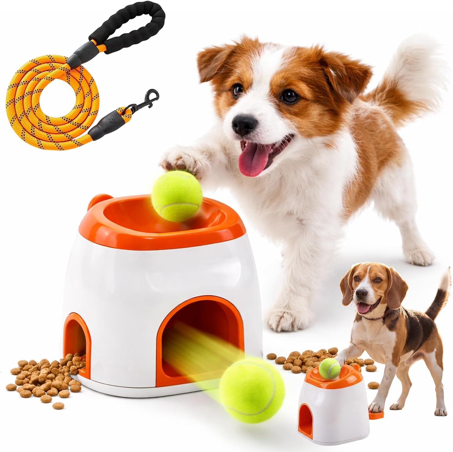 2-in-1 Dog Tennis Ball Launcher & Treat Dispenser - Automatic Throwing Machine Pet Ball Thrower, Interactive Pet Feeder Toy for Small to Medium Dogs (Two Tennis Ball Included)