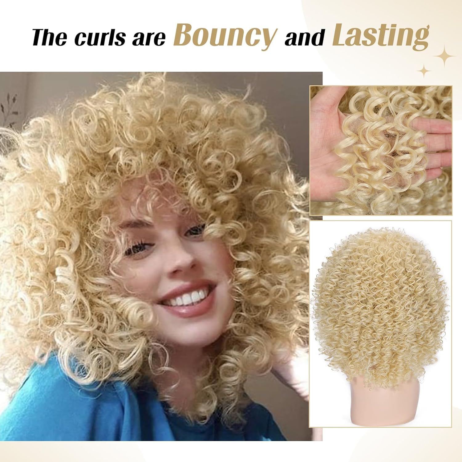 PORSMEER 14 Inch Kinky Curly Wigs for Black Women Afro Bomb Curly Wig with Bangs Synthetic Fiber Glueless Long Deep Wave Hair (Blonde) - Image 4