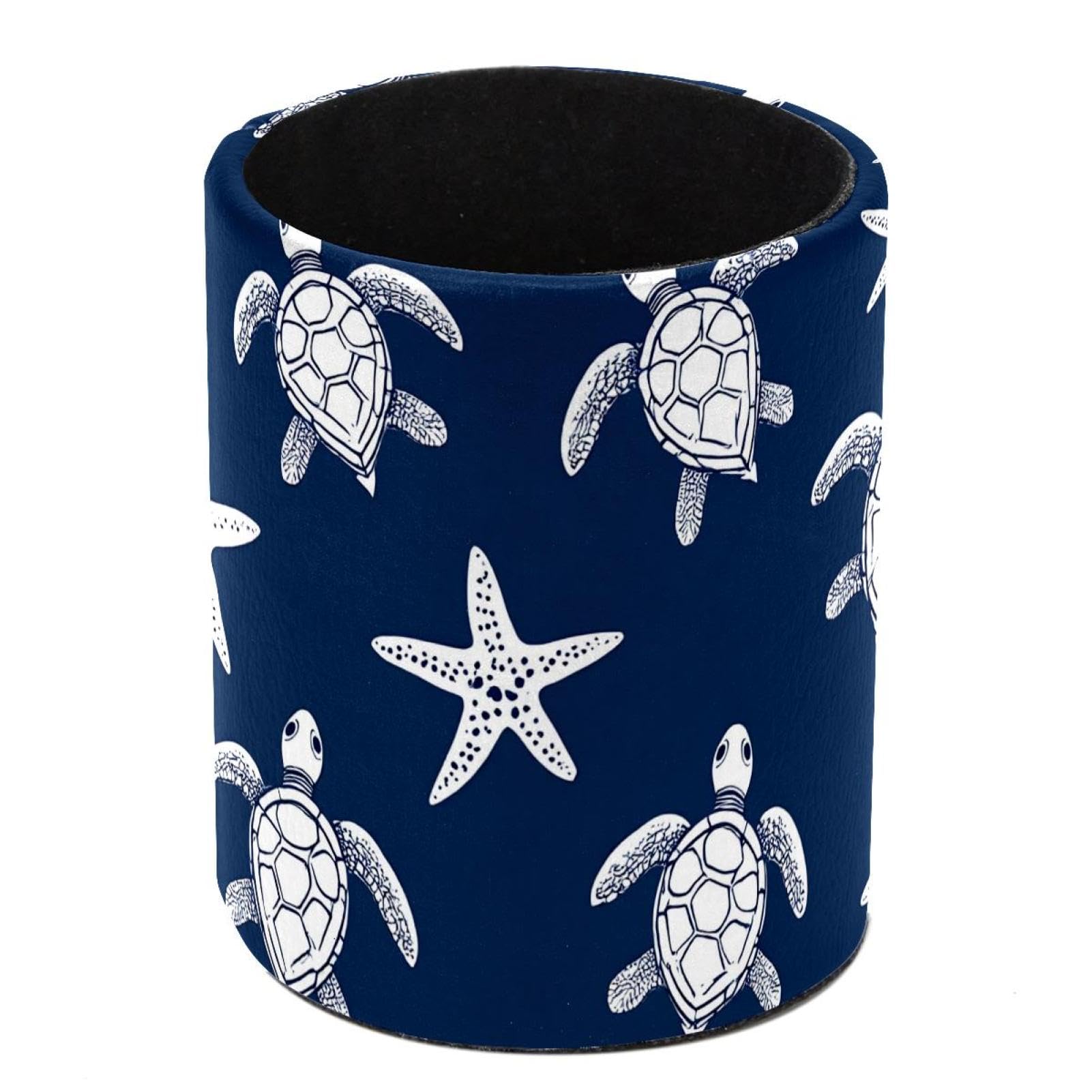 HEOEH Turtle Starfishes Pen Holder for Desk, PU Leather Pencil Holder Pen Cup Marker Holder Makeup Brush Holders, Desk Accessories & Workspace Organizers for Home, Office