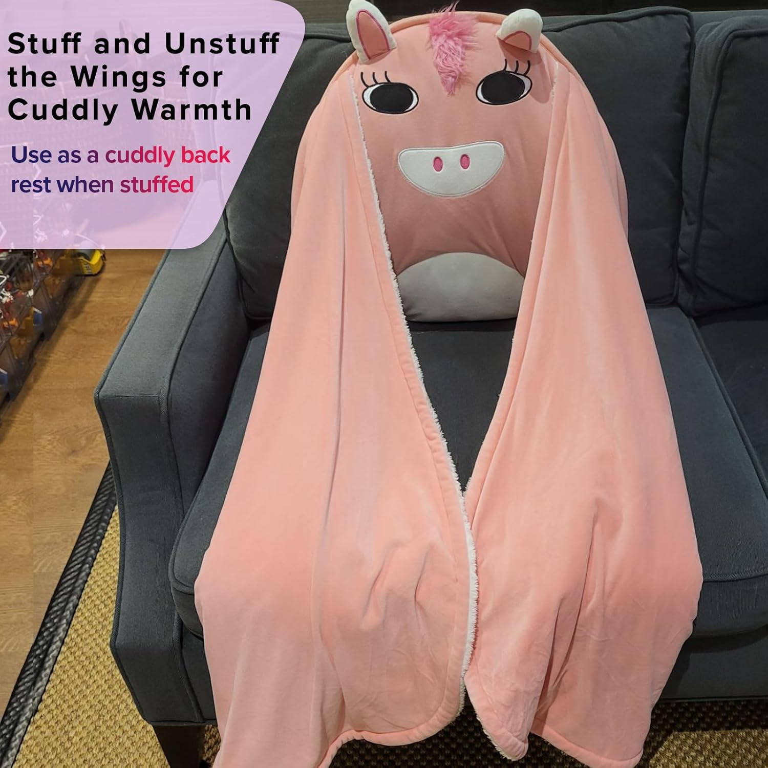 Couch and Chair Blanket by Snuggleback Kids with Cute Animal Shapes for Boys and Girls, Sherpa Fleece Wings, Adjustable Straps and Snaps for Children (Pink Pony)