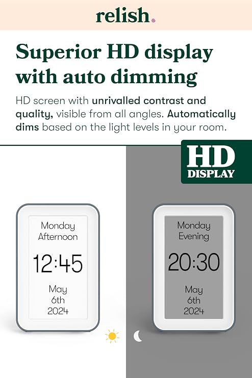 Relish Day Connect Dementia Clock, HD Large Screen Digital Calendar Clock for Seniors and People with Memory Loss with Large Number, Day, Date and Time