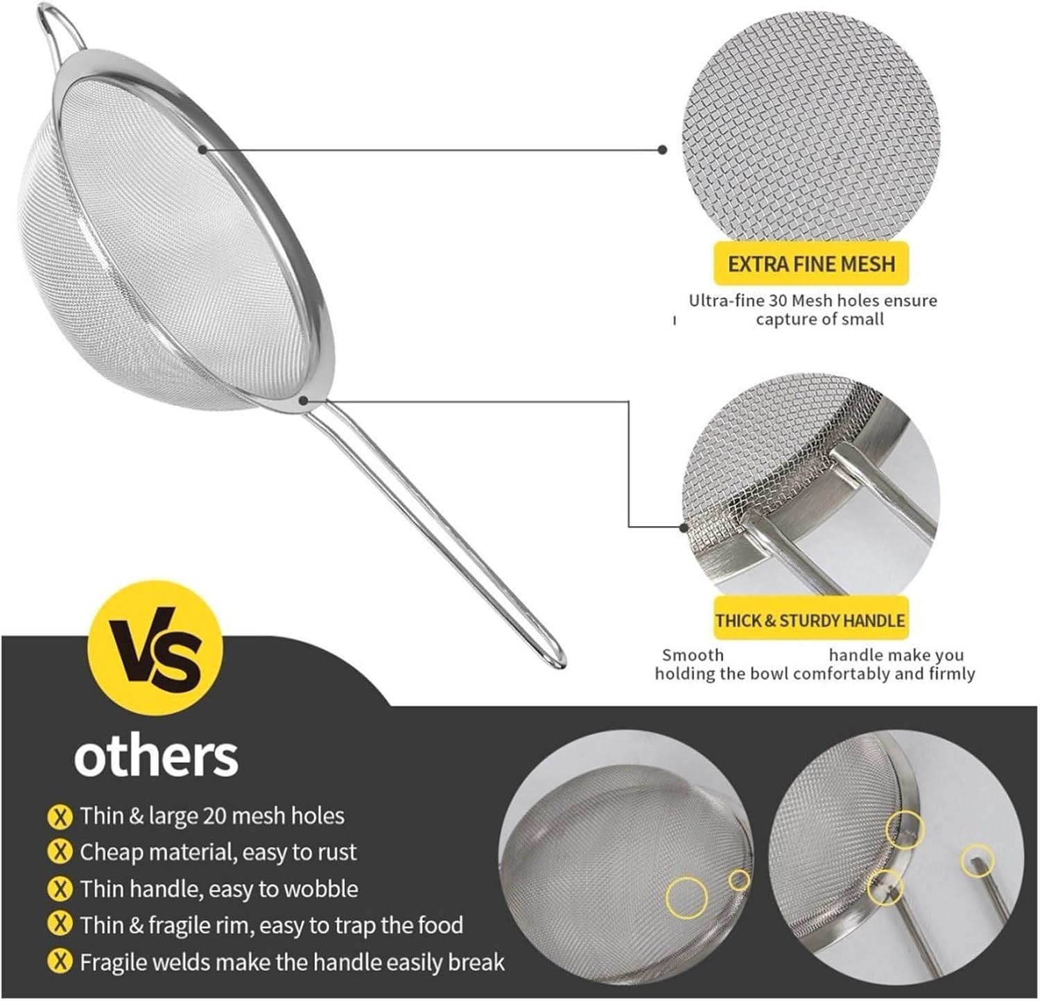Fit for 3-Piece Stainless Steel Fine Mesh Strainer Set - Multipurpose Flour Sifter with Handle for Baking and Cooking