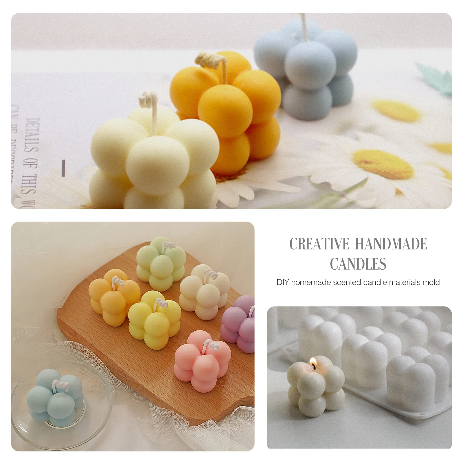 8PCS Moules à Bougies En Silicone 3D Cube Et Boule - Kit Complet Avec Mèches Pour Bougies Parfumées Et Savons