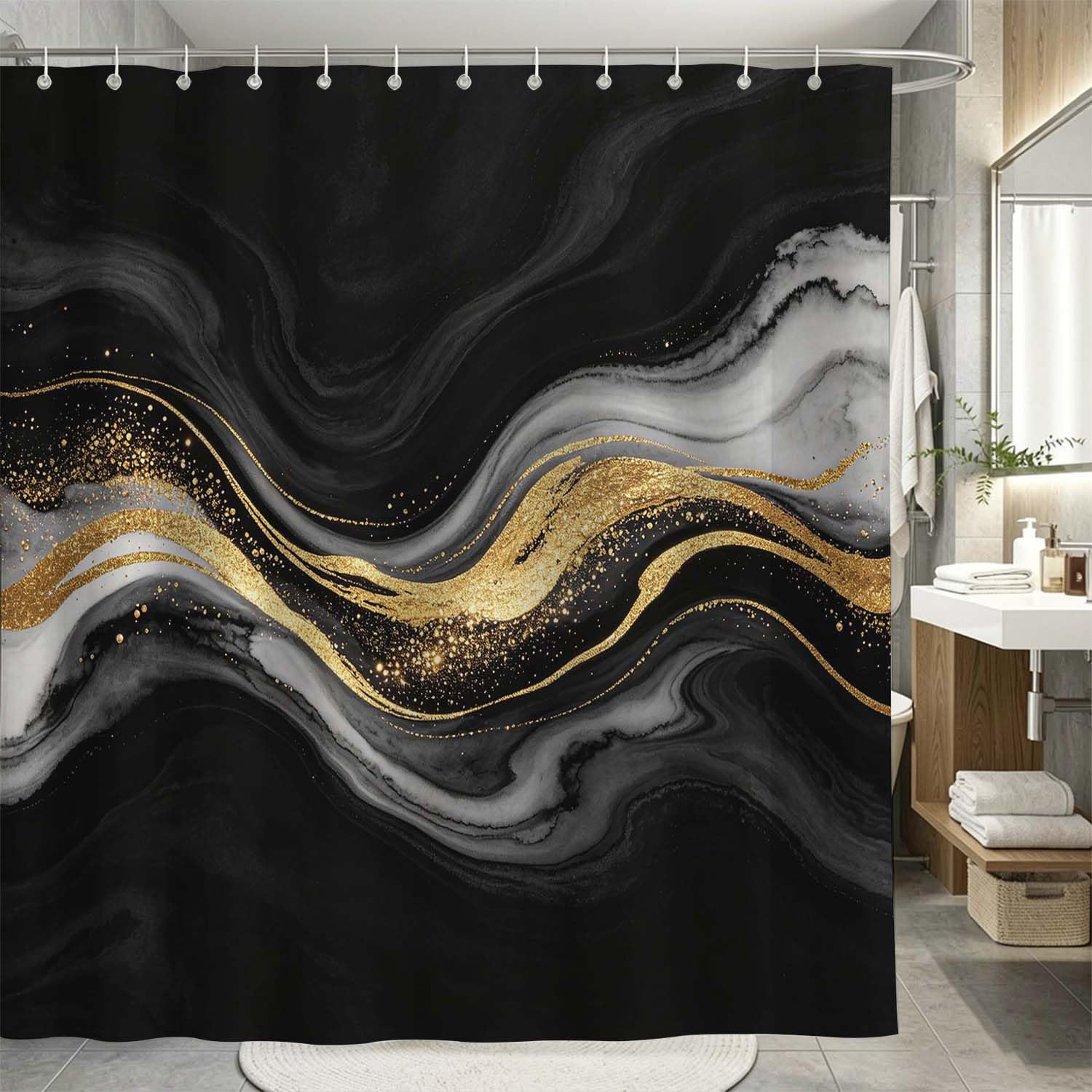 Rideau de Douche Anti Moisissure Marbre, Rideau de Bain Or Noir 3D Rideaux de Douche en Polyester, Imperméable, Lavable en Machine, avec Crochets, 300 x 200 cm 1738-YLP