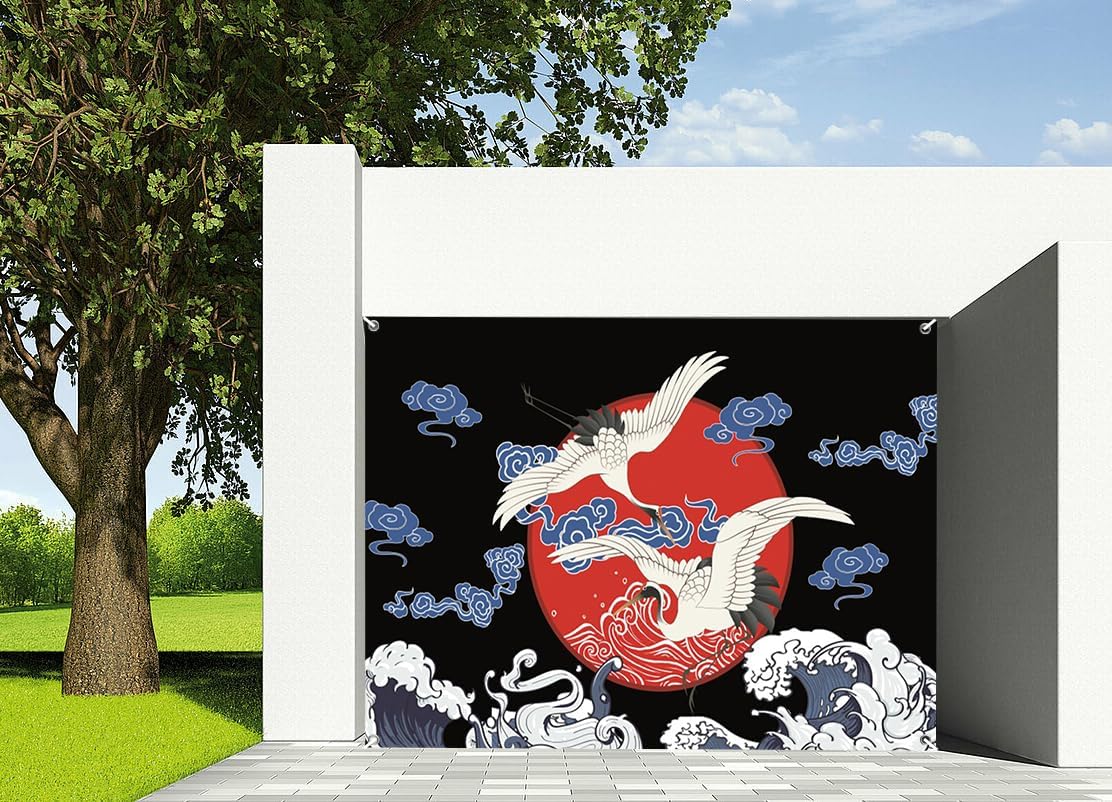 7x8ft Traditional Japanese Garage Door Decor Flying Cranes Red Sun Wave Design Blue Clouds Ink Wash Painting Garage Door Cover for Asian Event Party Decoration Props