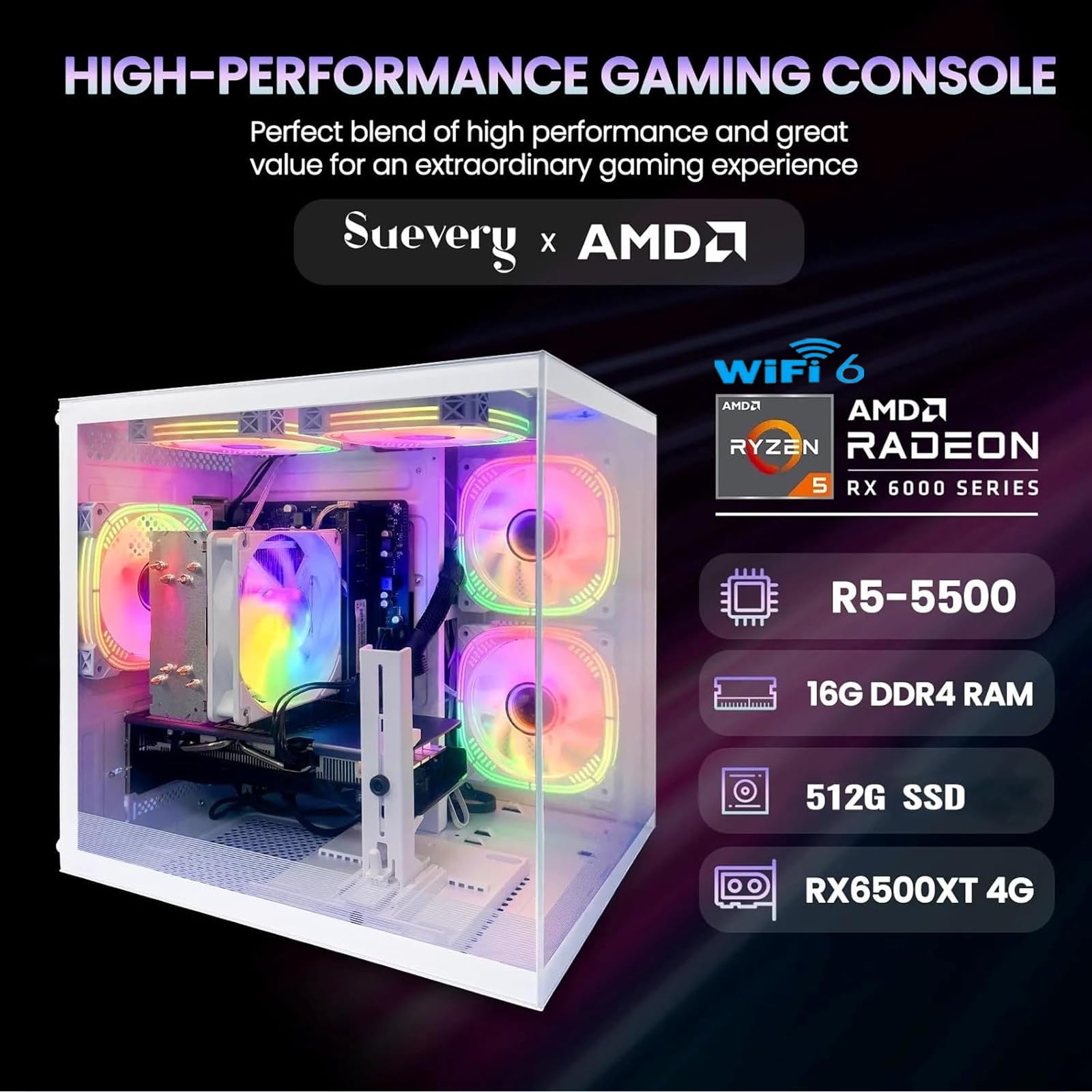 Pre Built Gaming PC Ryzen 5 5500(6Core 12Threads Up to 4.6G) 16G RAM Nvme 512G SSD RX6500XT 4G WiFi 6 Tower Desktop Computer for Home and Office