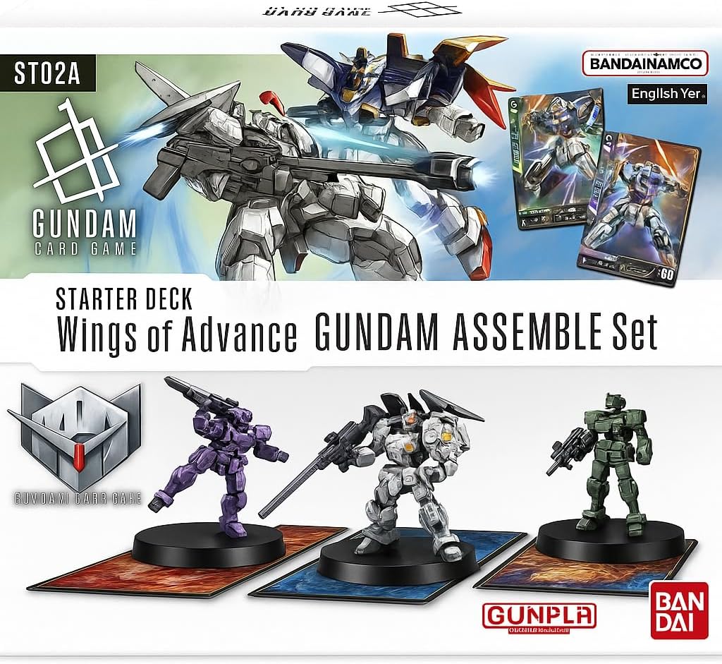 Close-up of the BANDAI Gundam Card Game Assemble Starter Set showing the three Gunpla Miniatures and the game box