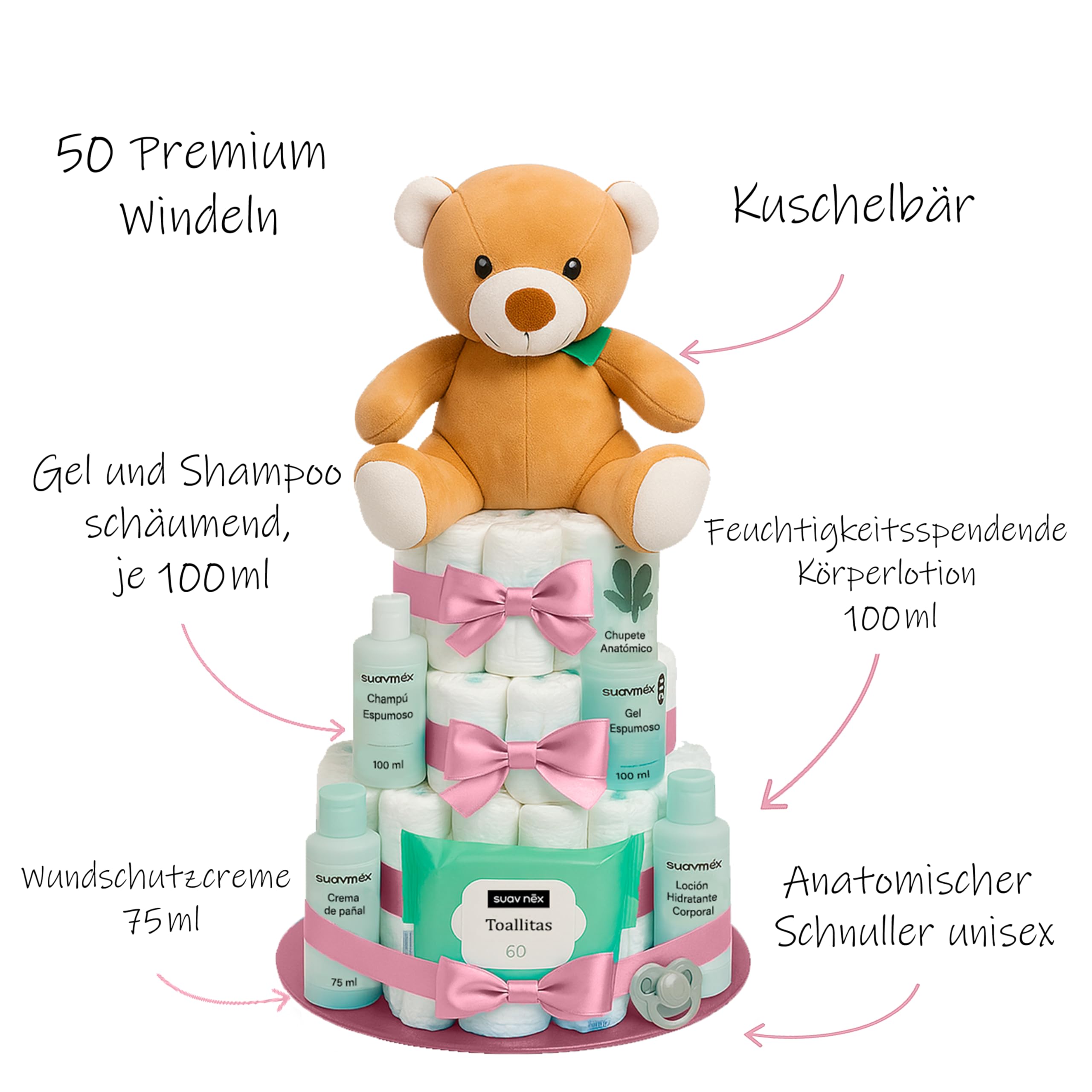 Windeltorte für Junge und Mädchen Geschenk zur Geburt Baby Erstausstattung Neugeborene Personalisierte Handgemachte Windeltasche Newborn Baby Set Neugeborene Babyparty (Rosa, Größe 2 (3-6kg))