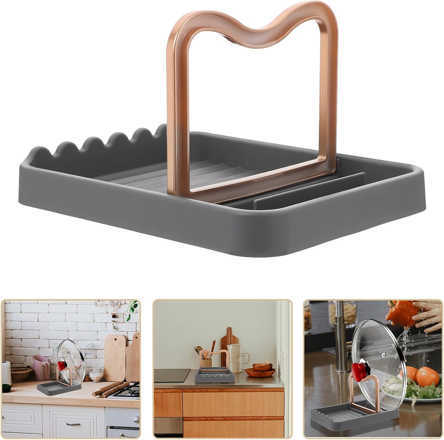 Kitchen Spoon Rest with Pot and Lid Holder, Gray Plastic Utensil Organizer for Stove Top and Counter, Cooking Spoon and Fork Stand for Kitchen Cabinet Storage