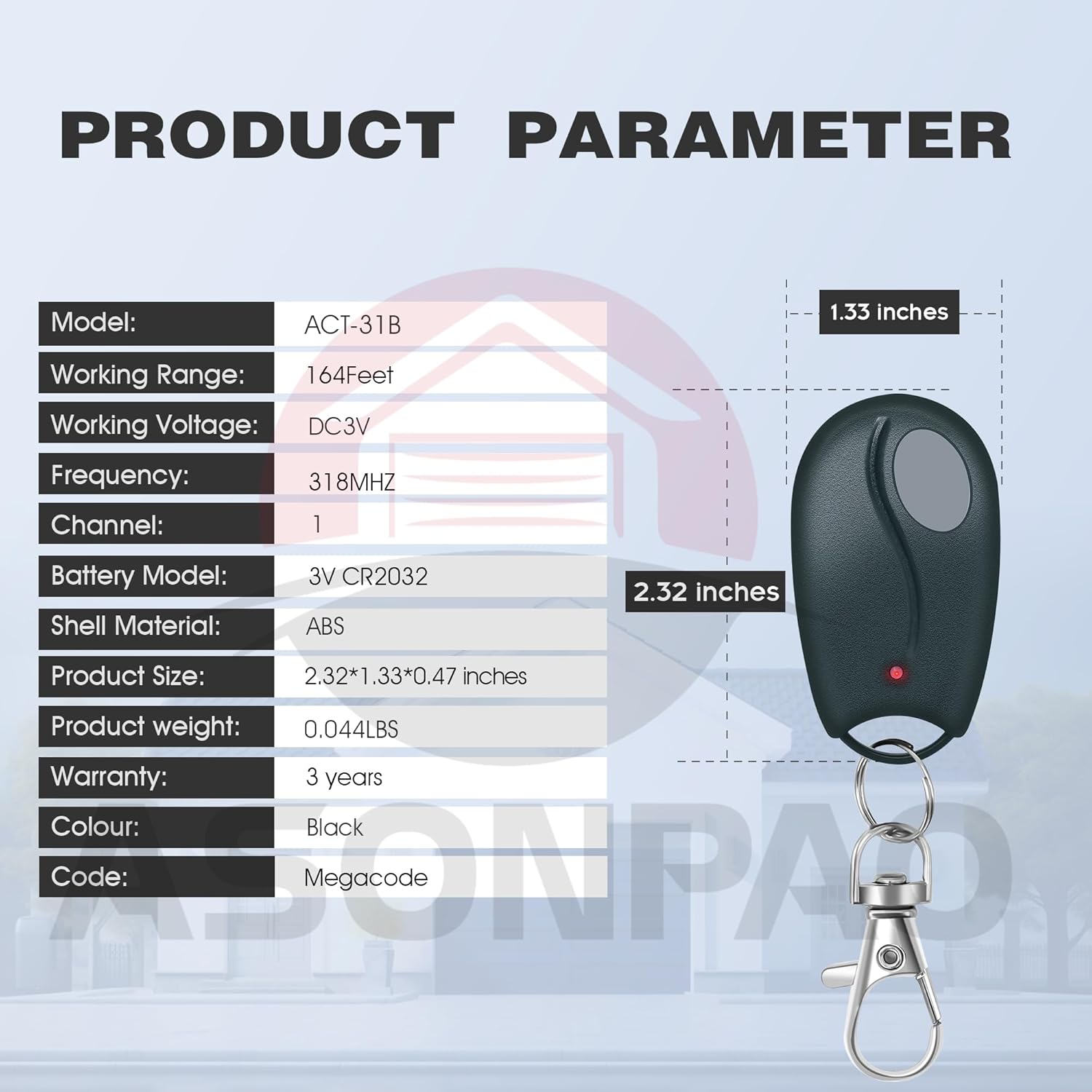 Image displaying a table of product parameters including model, working range, voltage, frequency, battery type, material, size, weight, color, and code type, alongside a visual representation of the remote with dimensions.