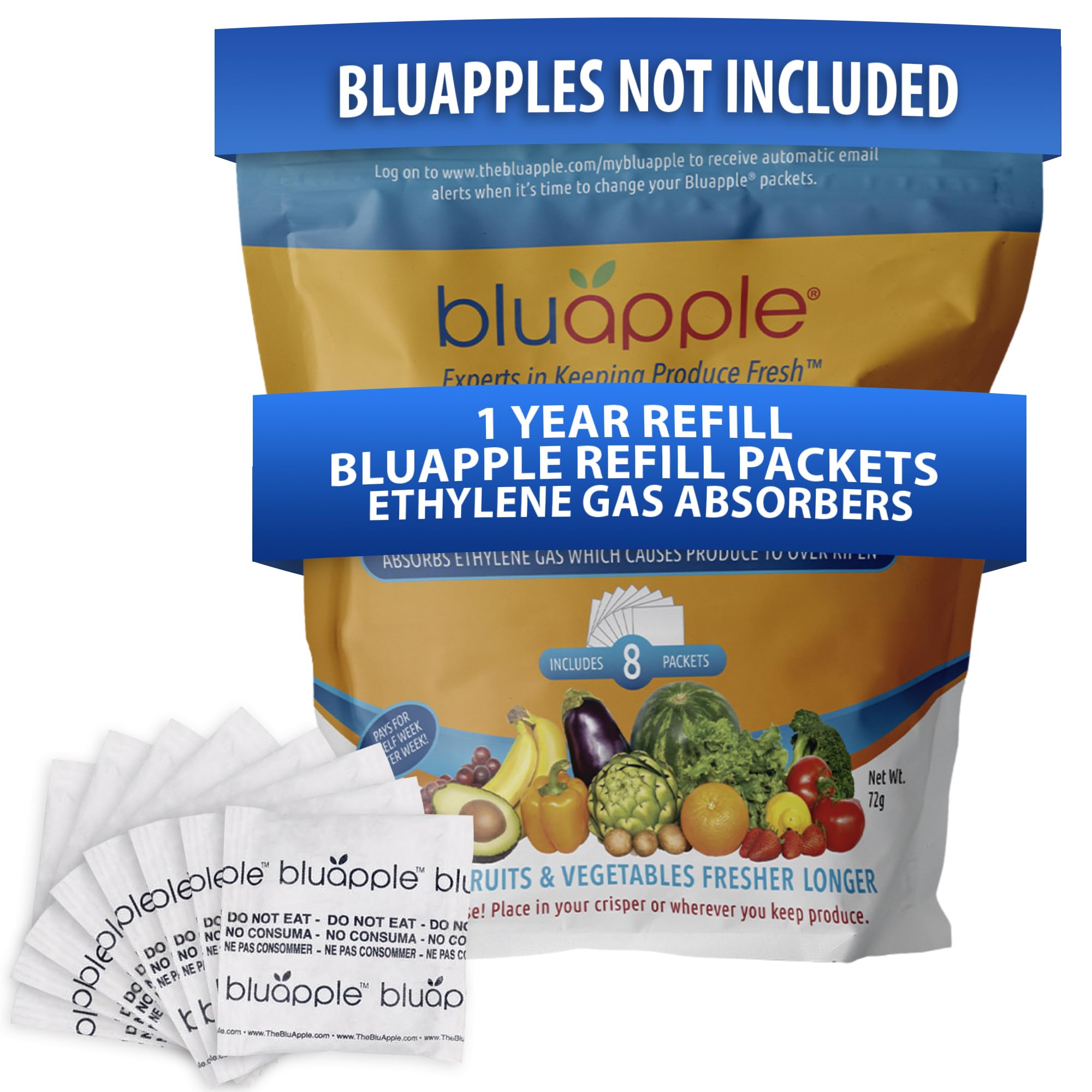 Bluapple Produce Saver Ethylene Gas Absorber - Fresh Fruit & Vegetable Storage, Food Savers for Refrigerator, 8 Packets (9g each), Each Packet Lasts 3 Months, Kitchen Must Haves, USA Made - Refill Kit