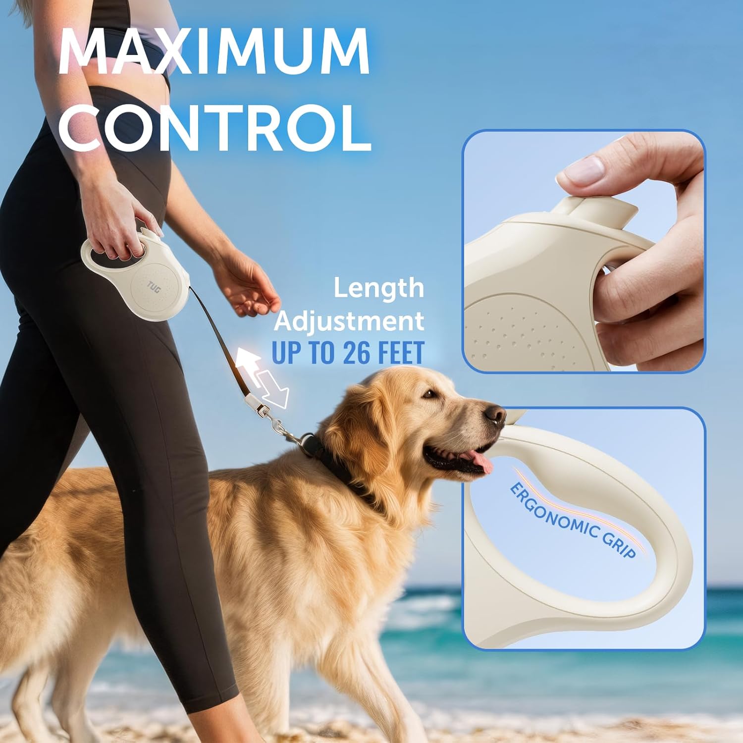 TUG Quest Retractable Dog Leash | 360° Tangle-Free Retraction | 26 ft Strong Nylon Tape (Extra Large, Cream)