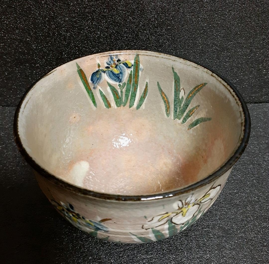 京焼 平安 浅見与し三造 金彩 色絵 菖蒲文様 茶碗 共箱 茶道具