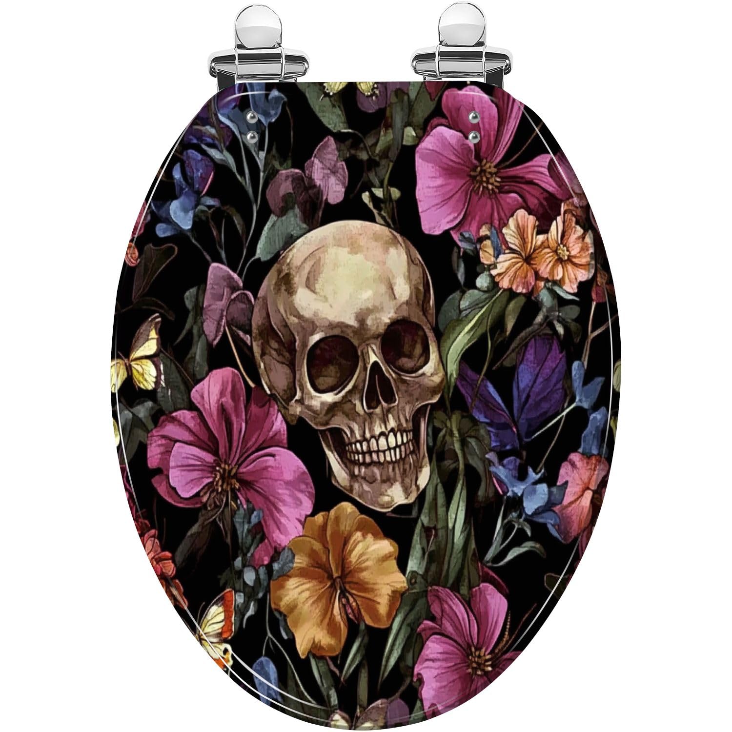 Sedile WC Allungato Decorativo In Resina con Copriwater: Teschio Ricamato, Farfalla E Fiore Tropicale, Chiusura Lenta E Silenziosa, Cerniere A Sgancio Rapido, Facile Da Pulire E Installare.
