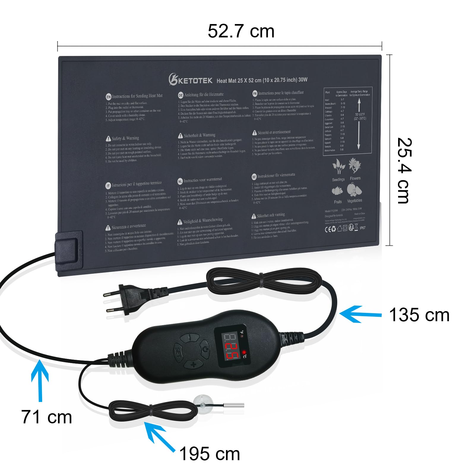 KETOTEK Tapis Chauffant avec Thermostat 220V 30W pour Semis Plante, Nappe Chauffante Mini Serre avec Contrôleur de Température 0℃~42℃, IP67 Imperméable