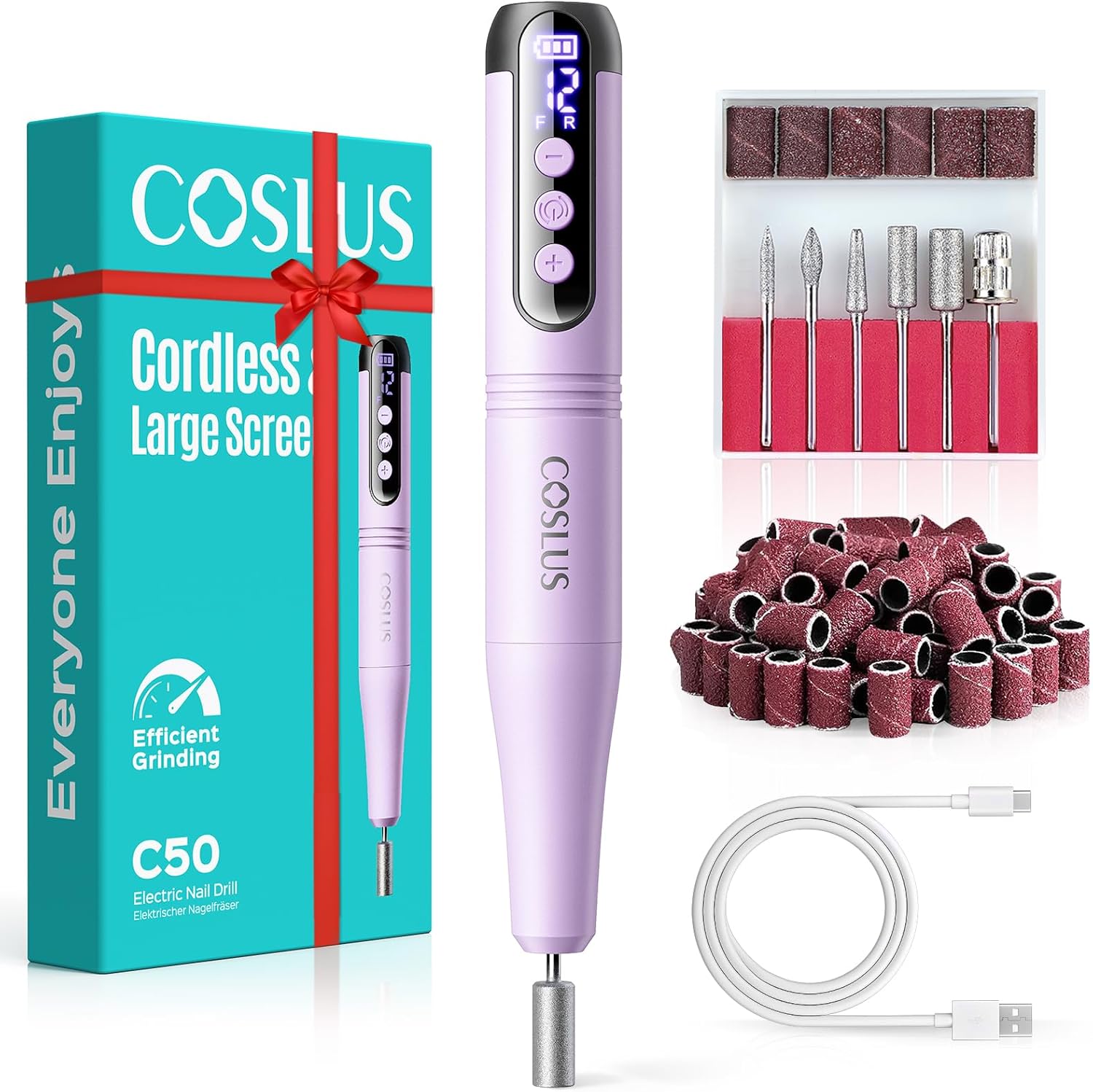 COSLUS C50 Cordless Electric Nail Drill : 12-Speed Professional Nail File with LED Display for All Manicure Shaping & Gel Removal, Nail Art Practice Essentials, Home DIY & Portable Travel Use, Purple