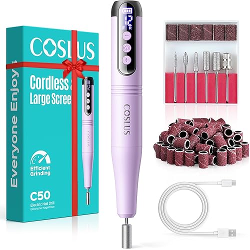 COSLUS C50 Cordless Electric Nail Drill : 12-Speed Professional Nail File with LED Display for All Manicure Shaping & Gel Removal, Nail Art Practice Essentials, Home DIY & Portable Travel Use, Purple