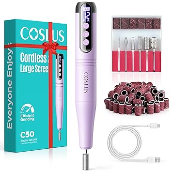 COSLUS C50 Cordless Electric Nail Drill 12-Speed Professional Nail File with LED Display for All Manicure Shaping & Gel Removal, Nail Art Practice Essentials, Home DIY & Portable Travel Use, Purple