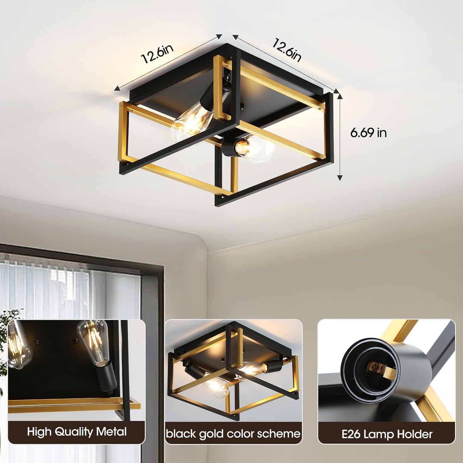 2-Light Industrial Ceiling Lighting Fixture, Black and Gold Vintage Square Flush Mount Lighting Fixture for Hallway, Foyer, Kitchen, Bedroom, Closet, Laundry, W12xH6, E26 Socket