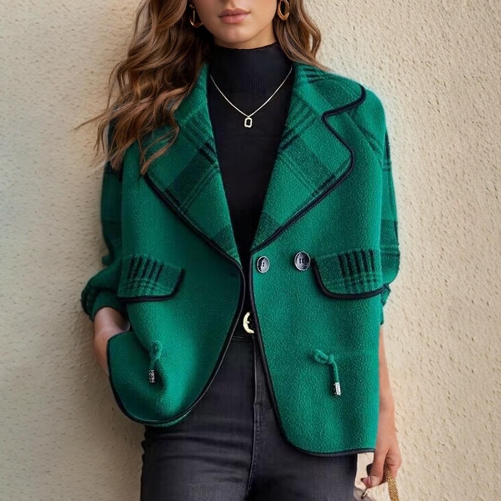 Kurzjacke Damen Elegant Strick Blazer Modisches Herbstjacke Gestreift Anzug Open Front Jacke Umlegekragen Kurzblazer