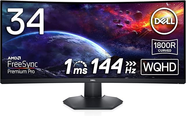 Dell S3422DWG 34 inch WQHD (3440x1440) 21:9 1800R Curved Gaming Monitor, 144Hz, VA, 1ms MPRT, AMD FreeSync Premium Pro, HDR 400, DisplayPort, 2x HDMI, 5x USB, 3 Year Warranty