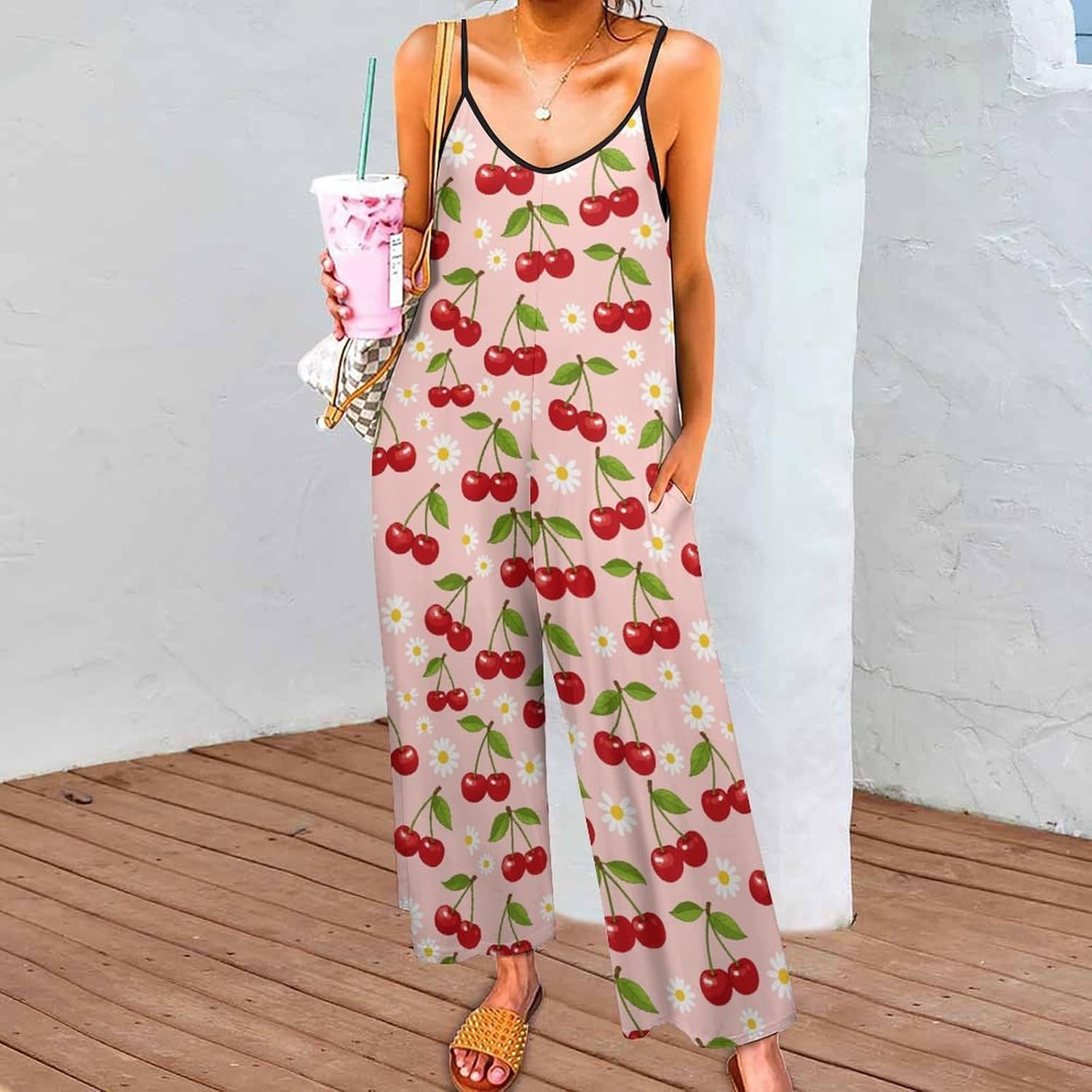 Women's Spaghetti Strap Wide Leg Jumpsuit Casual Loose Fit