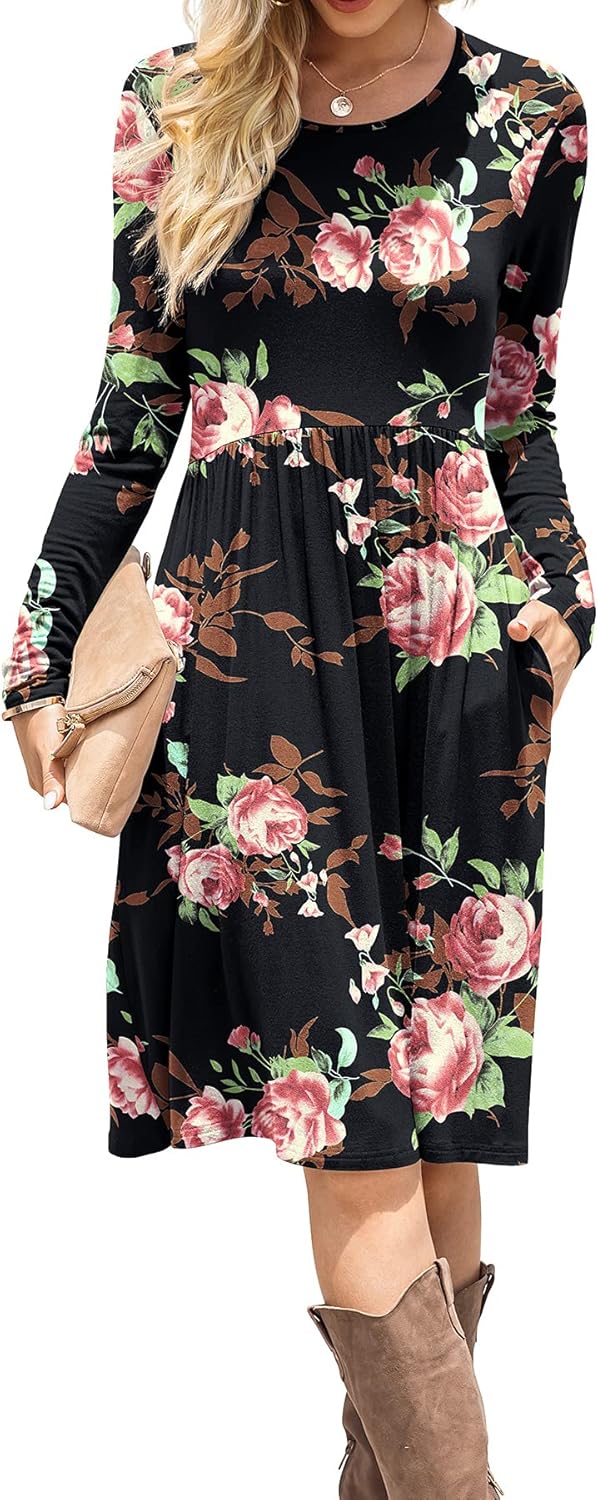 DB MOON Women Casual Long Sleeve Dresses Empire Waist Knee Length Loose Dress with Pockets