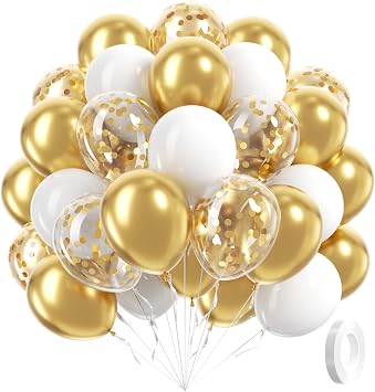 60pcs Gold and White Balloons 12inch, White and Gold Balloons with Metallic Gold Confetti Balloons for Graduation Wedding Engagement Birthday Party Decorations