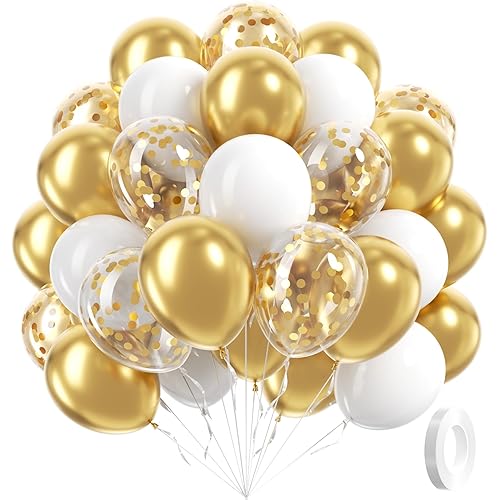 60pcs Gold and White Balloons 12inch, White and Gold Balloons with Metallic Gold Confetti Balloons for Graduation Wedding Engagement Birthday Party Decorations