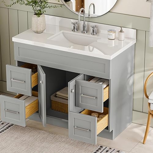 Miniatura 4 de ARIEL Tocador de baño gris de 43 pulgadas, encimera y salpicaduras de cuarzo blanco puro con borde de 1.5 pulgadas, fregadero rectangular, 2 puertas