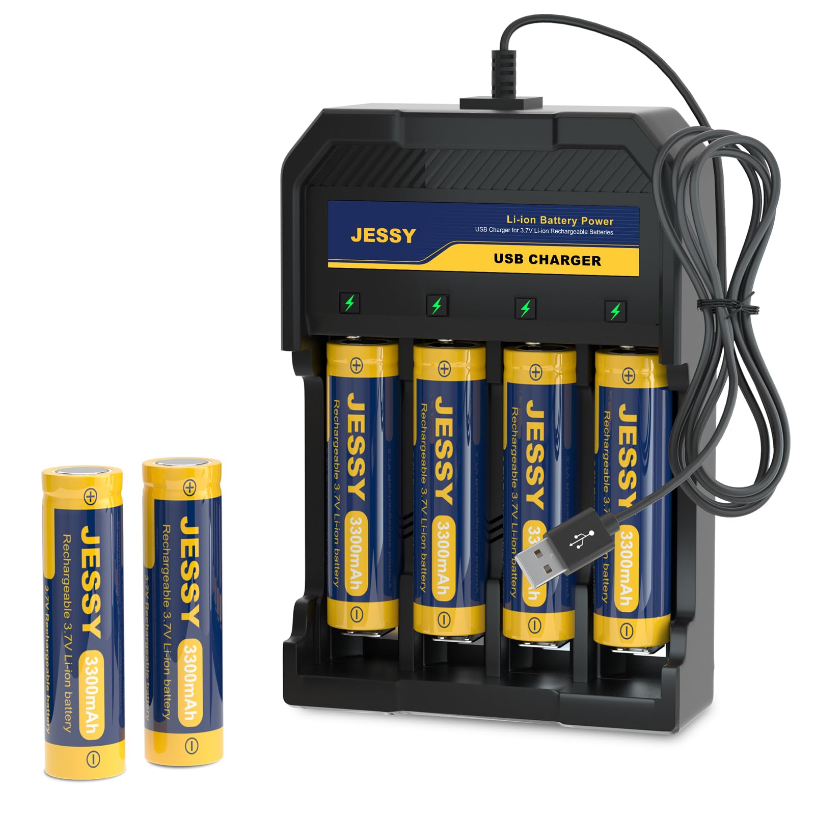 JESSY 18650 Rechargeable Battery Flat Top 3300mAh with 18650 Battery Charger, Universal Smart Charger for 3.7v Lithium Batteries 18650 (6 Pack Flat Top Battery+Charger)